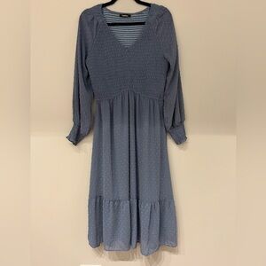 Blue Swiss Dot Smocked Midi Dress